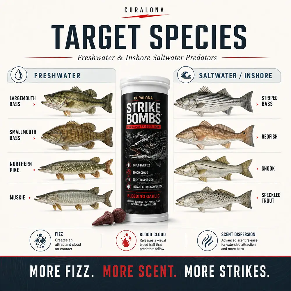 ๐๐๐๐ข๐๐ข๐๐ฅ ๐๐ซ๐๐ง๐ ๐๐ญ๐จ๐ซ๐ |โ
Curalonaยฎ Strike Bombs โ New Freshwater & Saltwater Bait That Bleeds, Fizzes & Triggers Big Predators